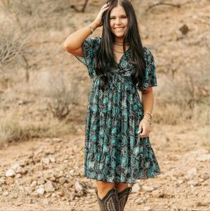 NWT Sterling Kreek Western Squash Blossom Dress In Black And Turquiose